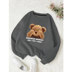 Kadın Füme Utangaç Ayıcık Baskılı Bisiklet Yaka Sweatshirt