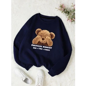 Kadın Laci Utangaç Ayıcık Baskılı Bisiklet Yaka Sweatshirt