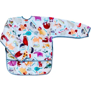 3-6 Yaş Zoo Sıvı Geçirmez Makinede Yıkanabilir Uzun Kollu Boyundan Bağlamalı Bebek Mama Önlüğü
