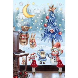 Yeni Yıl Ağacı Kardan Adamlar Puantiye ve Yıldızlar Cam Duvar Yılbaşı Süsü Sticker Seti