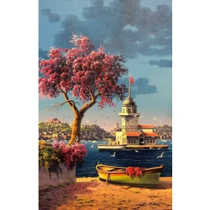 Renkli Baskılı Sayılarla Boyama Hobi Seti Çerçeveli 40 x 50 cm Kız Kulesi ve Martılar