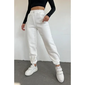 Kadın Beyaz Kışlık Kalın Içi Polarlı Yüksek Bel Paçası Lastikli Basic Jogger Eşofman Altı