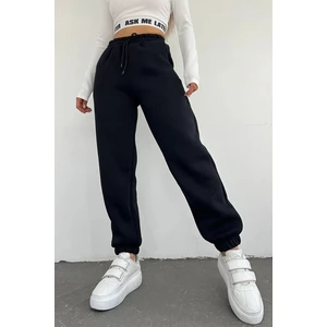 Kadın Siyah Kışlık Kalın Içi Polarlı Yüksek Bel Paçası Lastikli Basic Jogger Eşofman Altı