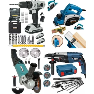 Süper  Kombin 4'lü Set Akülü Vidalama, Elektrikli Kırıcı  Matkap  Delici, Planya, Taşlama Makinası