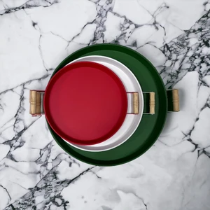 Kitchen Trend 3 Lü 45YEŞIL, 37BEYAZ, 30KIRMIZI Ahşap Kulplu Metal Tepsi Çay Tepsisi Sunum Tepsi Seti