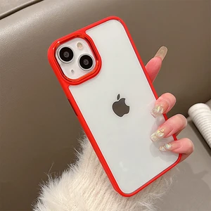 iPhone 14 Plus Kılıf Metal Tuş ve Kamera Çerçeveli Arkası Sararmaz Şeffaf Kenarları Renkli