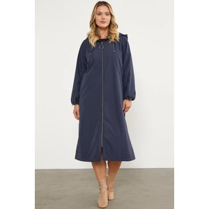 Kapüşonlu Fermuarlı Uzun Trençkot - Lacivert