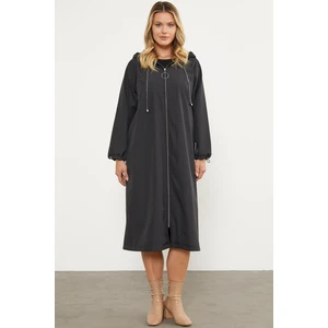 Kapüşonlu Fermuarlı Uzun Trençkot - Siyah