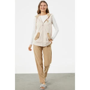 Yelekli Çift Renk Polar Eşofman Takım - Kamel