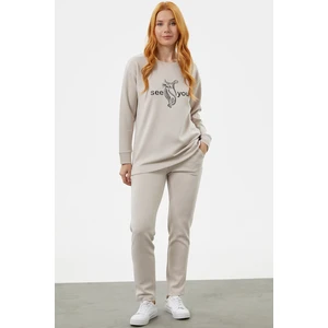 Baskılı Sıfır Yaka Oversize Eşofman Takım - Bej