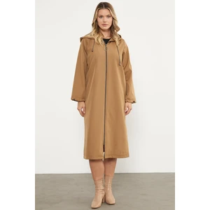 Kapüşonlu Fermuarlı Uzun Trençkot - Vizon