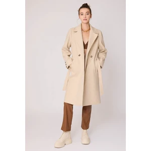 Önden Düğmeli Beli Kuşaklı Uzun Kaşe Kaban