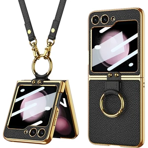 Samsung Galaxy Z Flip5 5g Pu Deri + Pc Telefon Kılıf Yüzüğü Kickstand Elektraptavat Kapağı ve Kayış (Yurt Dışından)