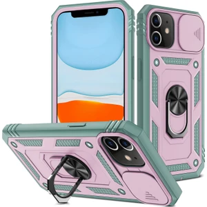 Forestl Digital Apple iPhone 12 Telefon Kapağı Halkası Kickstand Sabit Pc Geri+Yumuşak Tpu Etkiye Dayanıklı Tamponlar Koruyucu Kılıf Slayt Kamera Kapağı -Pink/yeşil (Yurt Dışından)