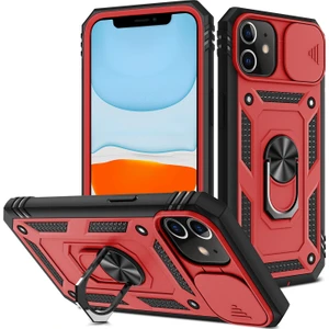 Forestl Digital Apple iPhone 12 Telefon Kapağı Halkası Kickstand Hard Pc Geri+Yumuşak Tpu Etkiye Dayanıklı Tamponlar Slayt Kamera Kapağı ile Koruyucu Kılıf -Red/siyah (Yurt Dışından)
