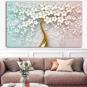 AR AJANS KANVAS TABLO Altın Gödeli Turkuaz Pembe Çiçekli Ağaç Kanvas Tablo DR079