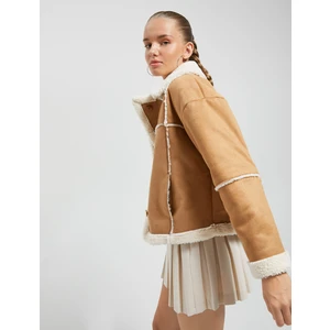 Biker Ceket Peluş Ters Yaka Süet Görünümlü Cepli Düğme Detaylı