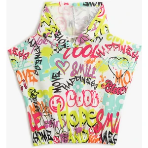 Kolsuz Kapşonlu Sweatshirt Crop Grafiti Baskılı