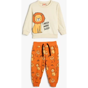 Pijama Takımı Aslan Baskılı Uzun Kollu Bisiklet Yaka Pamuklu