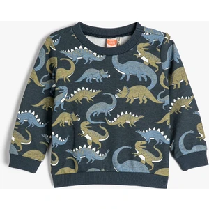 Dinozorlu Sweatshirt Bisiklet Yaka Uzun Kollu Şardonlu