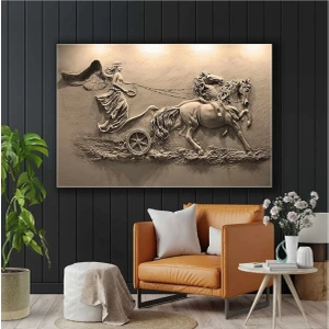 AR AJANS KANVAS TABLO  At Arabası Süren Kanatlı Melek Sepya Hermes Tanrı Duvar Rölyef Heykel Kanvas Tablo ART00168