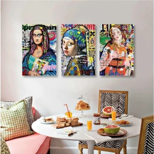AR AJANS KANVAS TABLO  Mona Lisa Inci Küpeli Kız ve Venüsün Doğuşu Grafiti Sokak Sanatı 3 Lü Set Kanvas Tablo ART0090
