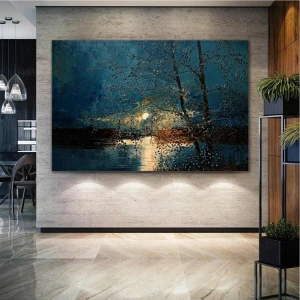 AR AJANS KANVAS TABLO Ay Işığı Altındaki Göl Manzarası Yağlı Boya Efektli Yakamoz Yansıma Doğa Ağaç Kanvas Tablo ART00184