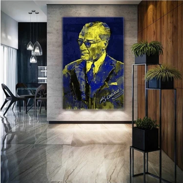 AR AJANS KANVAS TABLO Mustafa Kemal Atatürk Imzası Fenerbahçe Sarı ve Lacivert Kanvas Tablo