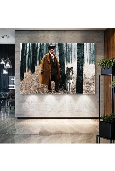 AR AJANS KANVAS TABLO Mustafa Kemal Atatürk Ormanda Asil Kurt Kanvas Tablo ART0098