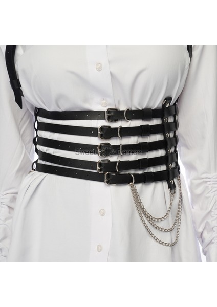 Kadın Omuzdan Askılı 5 Li Ince Şerit Ayarlı Zincirli Deri Korse Kemer Siyah, Gotik Tarz, Metal Giyim modelleri