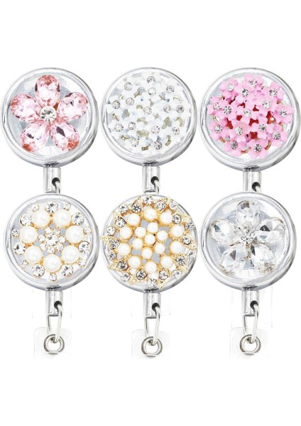 K160 Bling Çiçekler Inci Rozet Makarası Kımlık Geri Çekilebilir Rozet Tutucu Kemer Klipleri Metal Ağır Çelik Tel Kordon 3 Paket (Yurt Dışından)