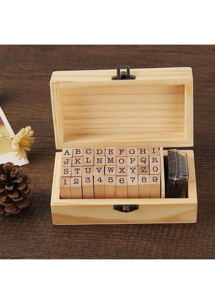 B 36 Adet Vintage Ahşap Kauçuk Alfabe Mektubu Numarası Damga Seti Mürekkep Pedi ile Çok Amaçlı Diy Günlüğü Kartları Pullar Ahşap Kutu (Yurt Dışından)