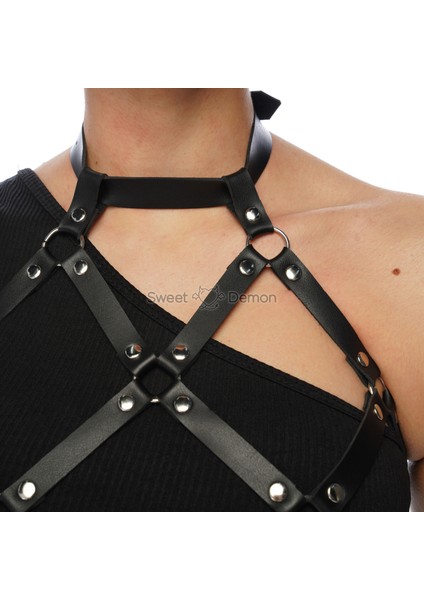 Boyun Askılı ve Bel Bağlantılı Baklava Desen Detaylı Tarz Deri Üst Vücut Kemeri Siyah, Gotik Tarz, Metal Giyim fırsatları