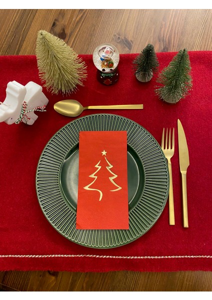 Gold Yaldızlı Yılbaşı Çam Ağacı Desenli 16 Lı Kırmızı Renkli Kağıt Peçete