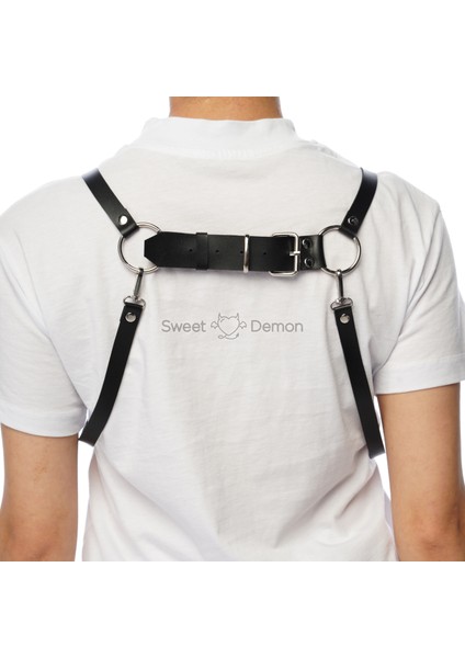 Sweet Demon Omuzdan Askılı ve Ayarlanabilir Göğüs Üzeri Bağlantılı Metal Halka Detaylı Şık Deri Kemer Aksesuar Siyah, Gotik Tarz, Metal Giyim