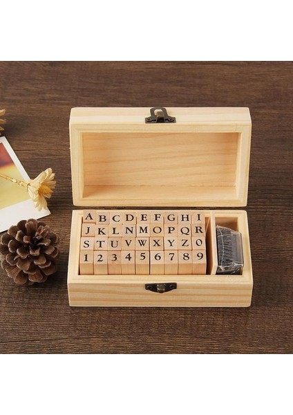 36 Adet Vintage Ahşap Kauçuk Alfabe Mektubu Numarası Damga Seti Mürekkep Pedi ile Çok Amaçlı Diy Günlüğü Kartları Pullar Ahşap Kutu (Yurt Dışından)