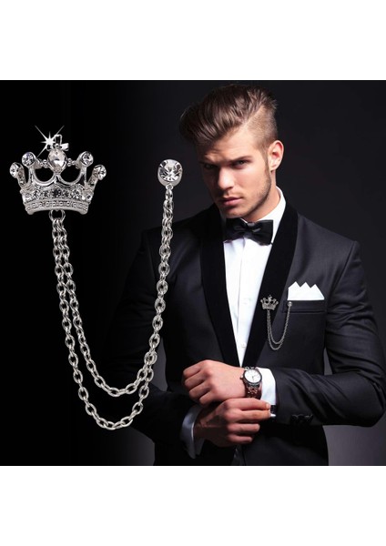 Gümüş Lüks Tasarım Taç Broş Erkekler Için Rhinestone Broş Pin Püskül Zincir Yaka Iğneler Rozeti Takım Elbise Gömlek Aksesuarları Düğün Takı (Yurt Dışından)