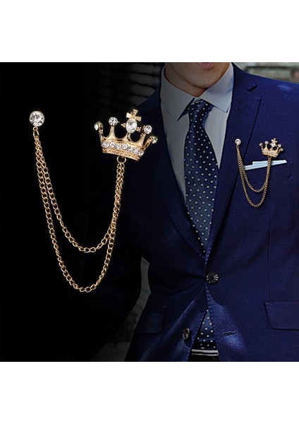 Gümüş Lüks Tasarım Taç Broş Erkekler Için Rhinestone Broş Pin Püskül Zincir Yaka Iğneler Rozeti Takım Elbise Gömlek Aksesuarları Düğün Takı (Yurt Dışından)