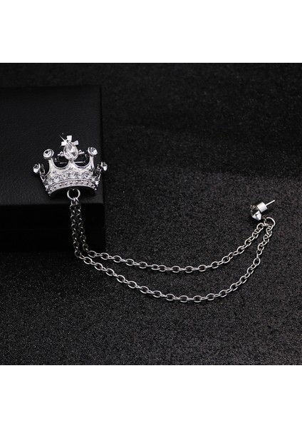 Gümüş Lüks Tasarım Taç Broş Erkekler Için Rhinestone Broş Pin Püskül Zincir Yaka Iğneler Rozeti Takım Elbise Gömlek Aksesuarları Düğün Takı (Yurt Dışından)