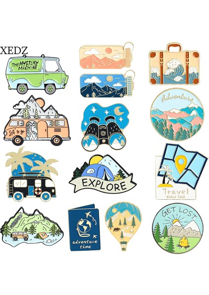 W6872 Xedz Karikatür Dağcılık Kamp Alaşım Emaye Broş Yaka Rozeti Aksesuarı Yaratıcı Seyahat Haritası Yemek Sepeti Pimleri Takı (Yurt Dışından) fiyatları