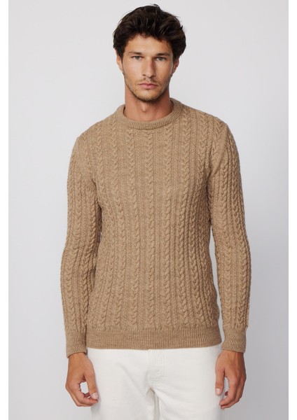 Bisiklet Yaka Saç Örgü Desenli Vizon Erkek Kazak