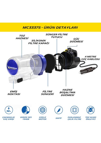 Michelin MC33375 12VOLT/150WATT Araç Süpürgesi + 4 Parça Aksesuar Seti indirimleri