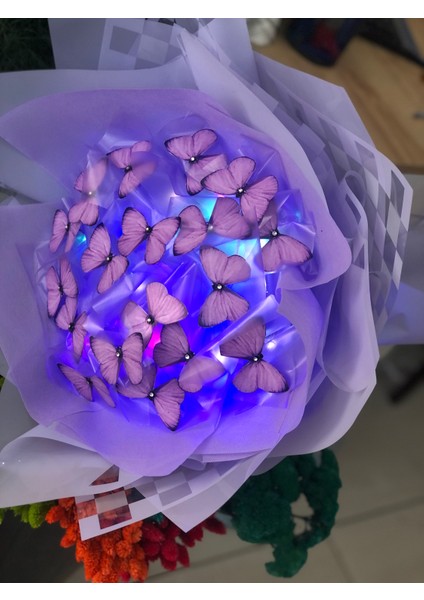 Lila Kelebek Buketi LED Işıklı Konsept Hediyelik