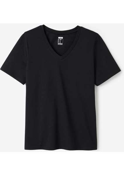 Domyos Kadın V Yakalı Spor Tişörtü - Siyah -Fitness