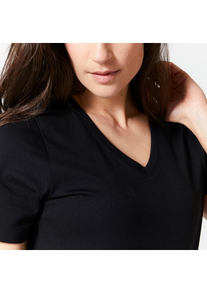 Domyos Kadın V Yakalı Spor Tişörtü - Siyah -Fitness indirimleri