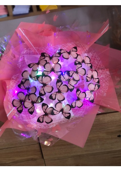 Pembe Kelebek Buketi LED Işıkı Konsept Hediyelik