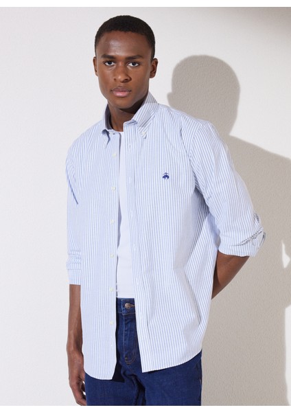 Slim Fit Klasik Yaka Mavi Erkek Gömlek BBSP23MSH087