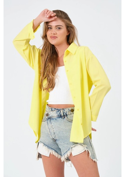 Kadın Sarı Oversize Uzun Basic Gömlek