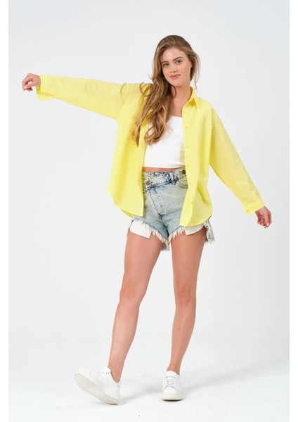 Kadın Sarı Oversize Uzun Basic Gömlek