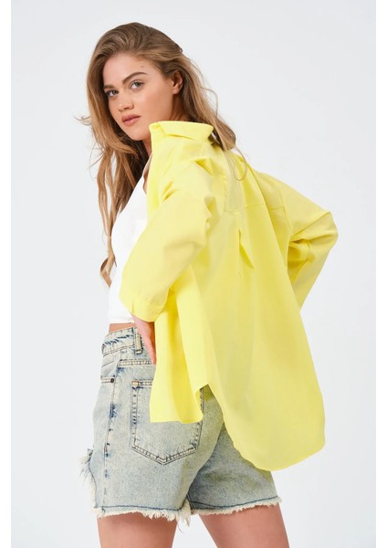 Kadın Sarı Oversize Uzun Basic Gömlek